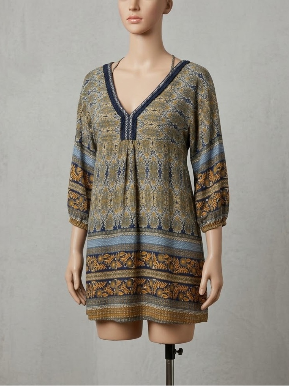 Umgee Olive, Navy & Mustard Printed V-Neck Tunic